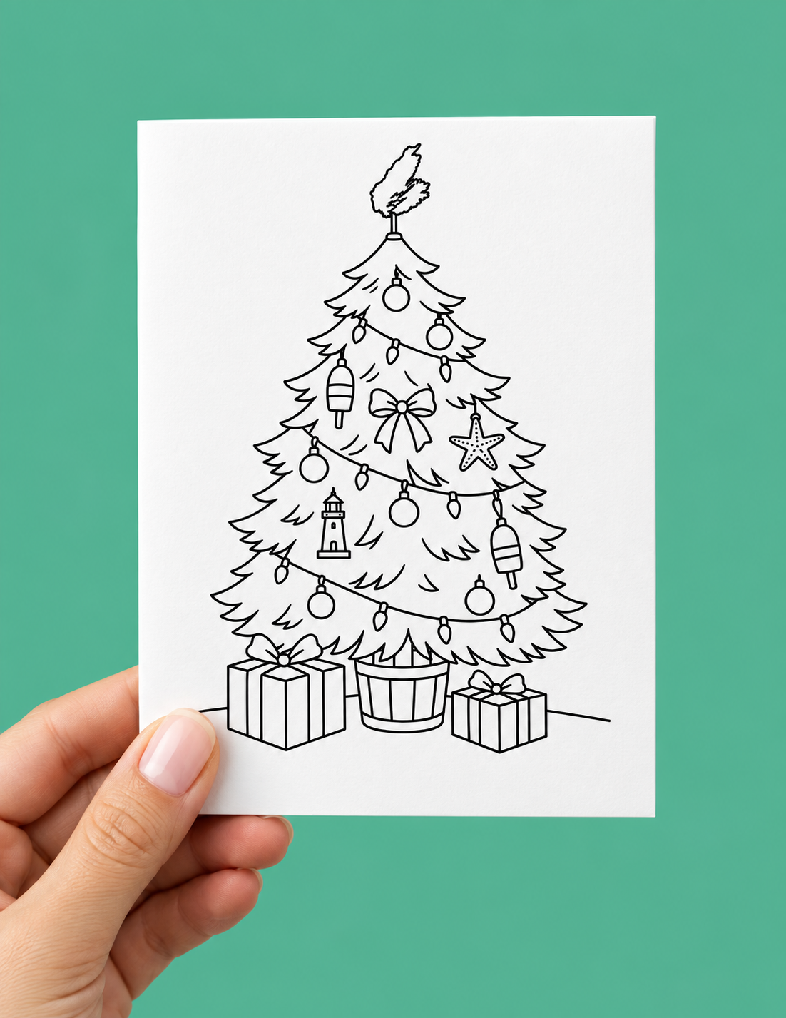 Black and white colouring Christmas card showing a decorated tree with buoys ornaments, lighthouse and a Cape Breton Island tree topper