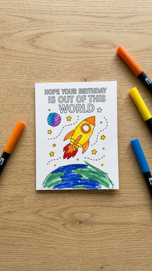 A white birthday card with a space illustration of a rocket, stars, a planet, and the Earth, placed on a light wood surface with colored markers around it.