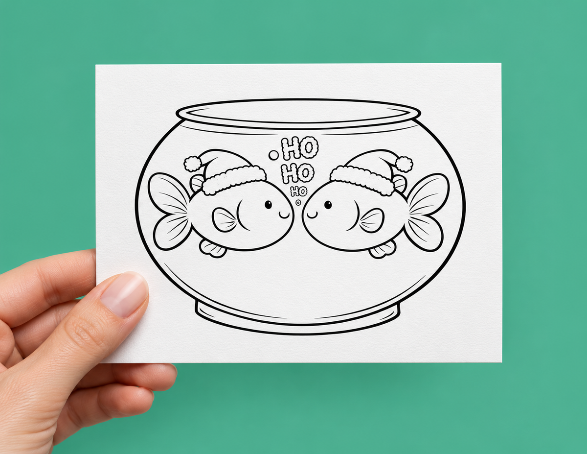 Black-and-white colouring Christmas card showing two smiling fish wearing Santa hats inside a round fish bowl, with bubbles spelling "Ho Ho Ho" between them