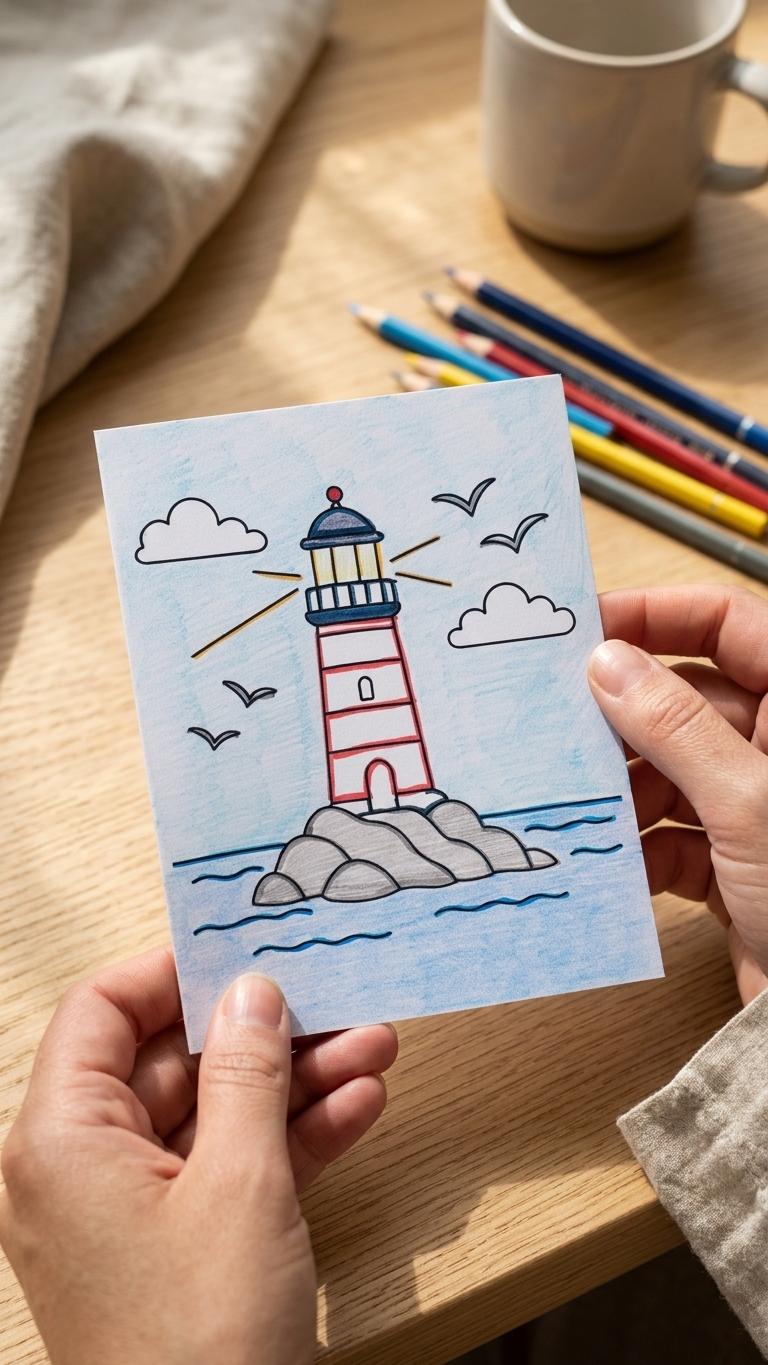A hand holds a card featuring a lighthouse illustration over blue water and clouds, with coloured pencils and a mug on a wooden table in the background.