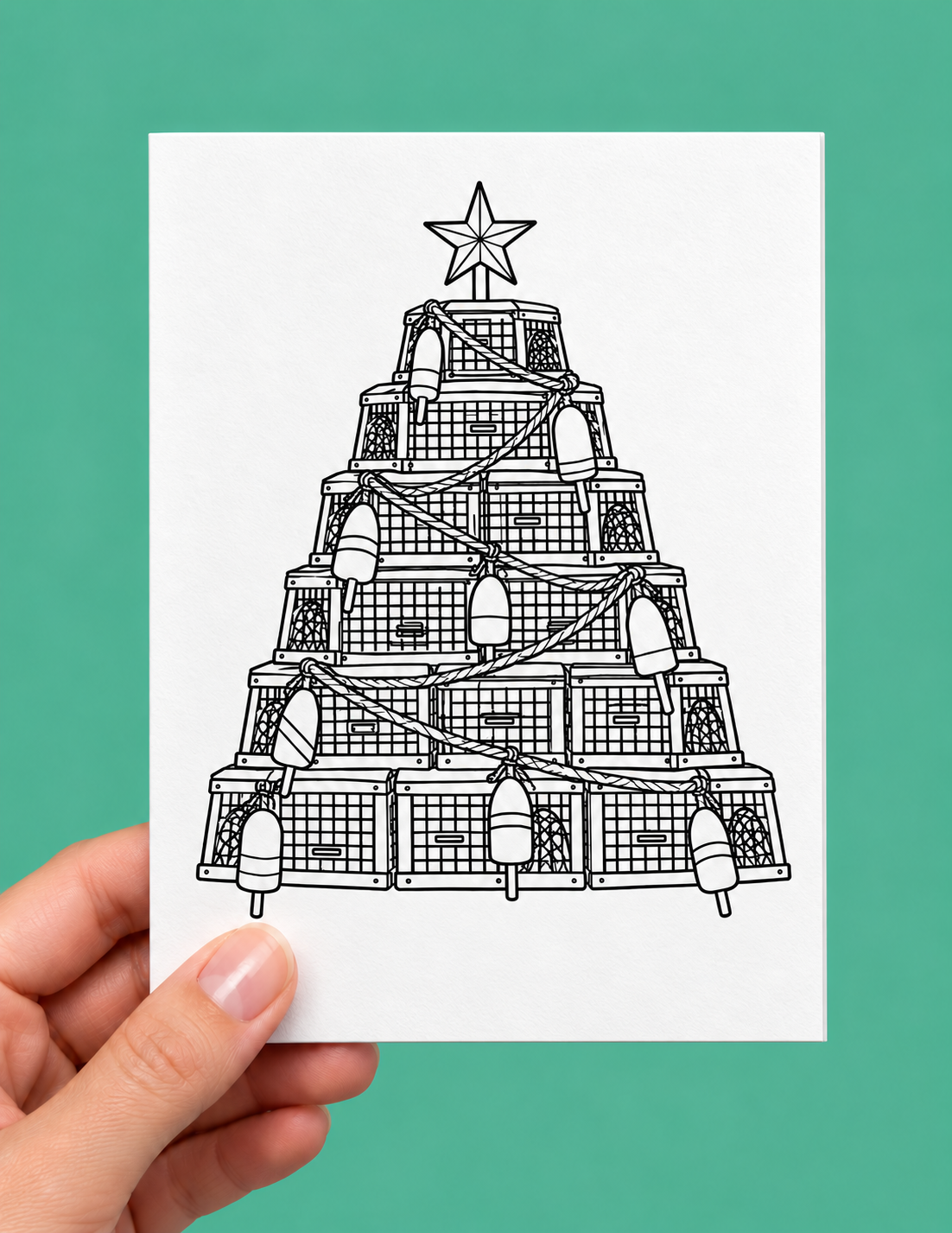 Black-and-white colouring Christmas card of a tree made from stacked lobster traps, wrapped in rope garland, decorated with lobster buoys, and topped with a star.