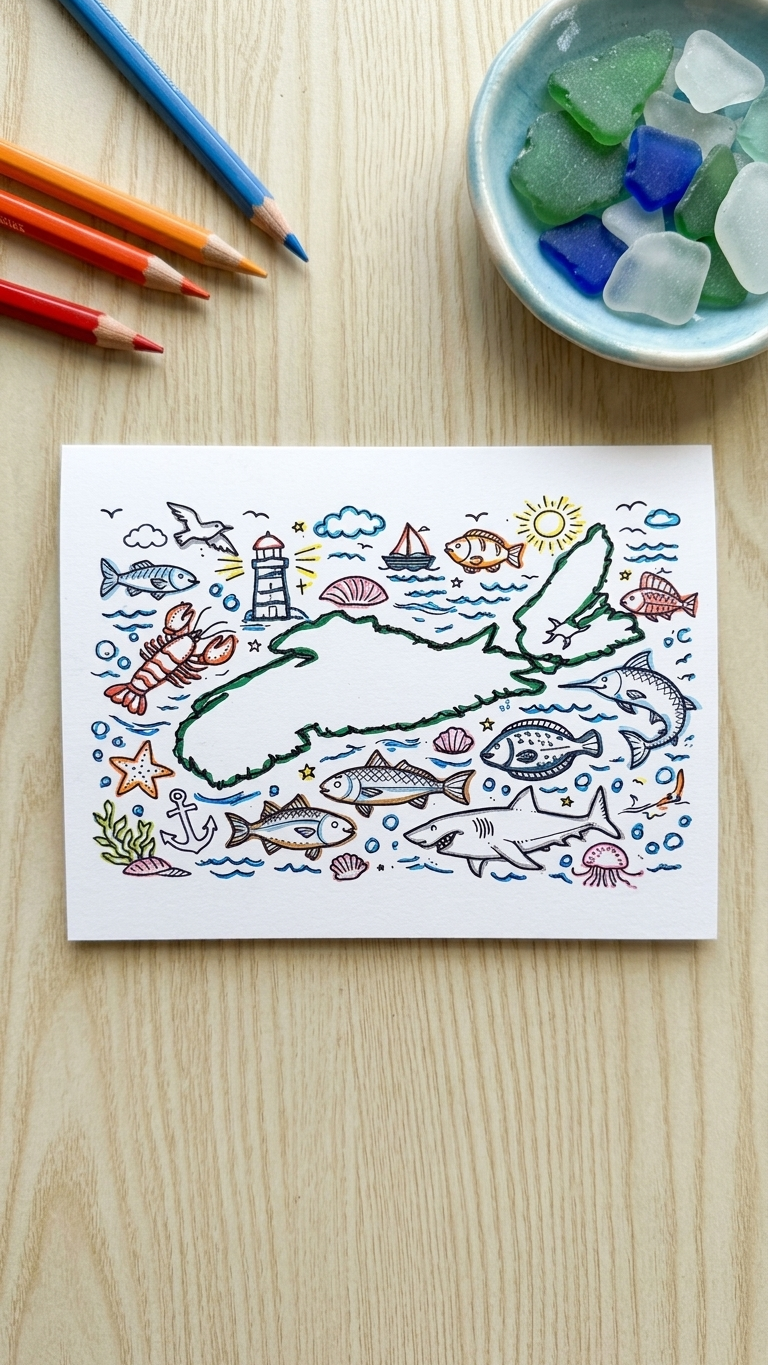 A card featuring a colorful map outline surrounded by ocean-themed illustrations like fish, a lobster, a lighthouse, a sailboat, and sea creatures, displayed on a light wood tabletop with coloured pencils and a bowl of sea glass.