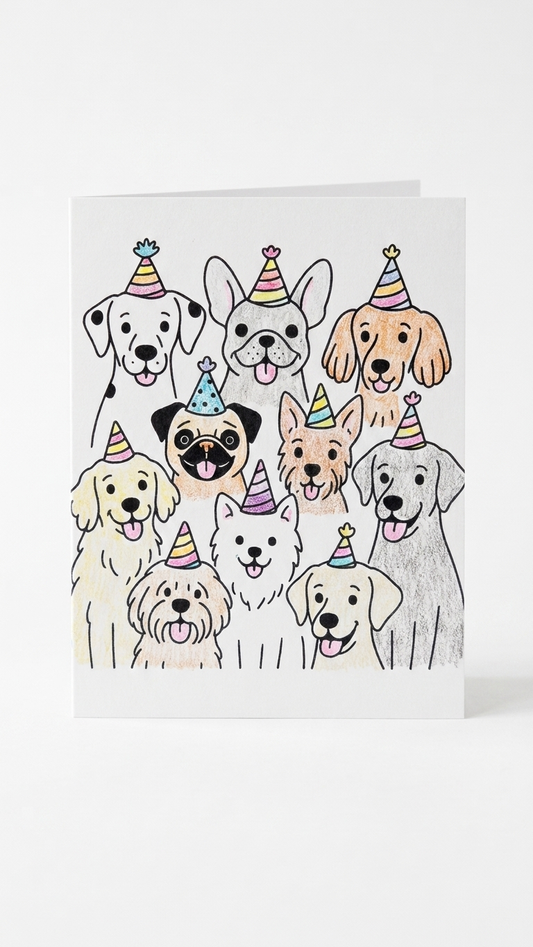 A white greeting card featuring a colorful illustration of various dog breeds wearing party hats, shown standing against a light gray background.