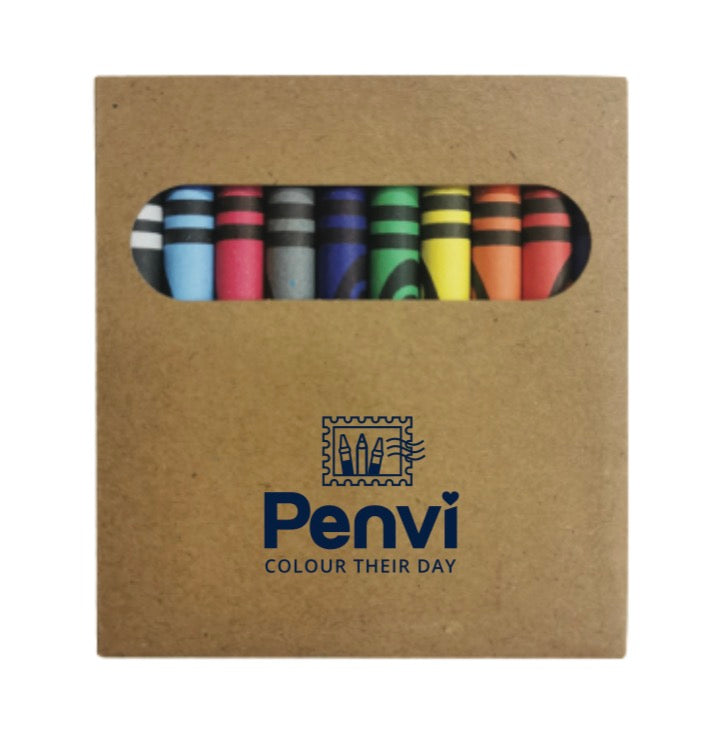 A package of crayons in a brown kraft paper box with a die-cut window showing the colorful crayons inside. The box features the brand name 'Penvi' and the slogan 'COLOUR THEIR DAY' printed in dark blue.