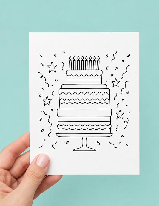 A hand holds a white card featuring a black line drawing of a three-tiered birthday cake with candles, stars, and confetti, set against a solid light blue background.