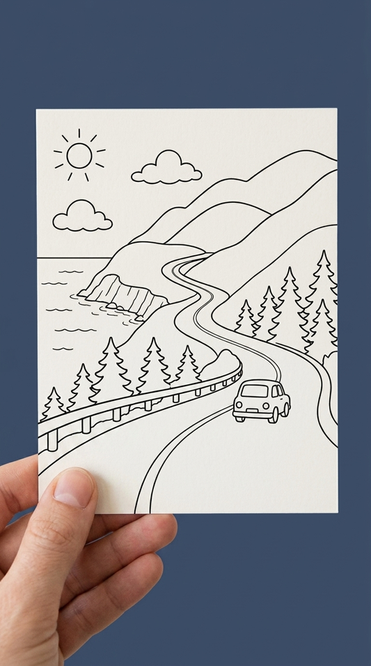 Black and white colouring card illustration of the Cabot Trail winding through Cape Breton Highlands with mountains, evergreen trees, ocean cliffs, and a small car on the road 