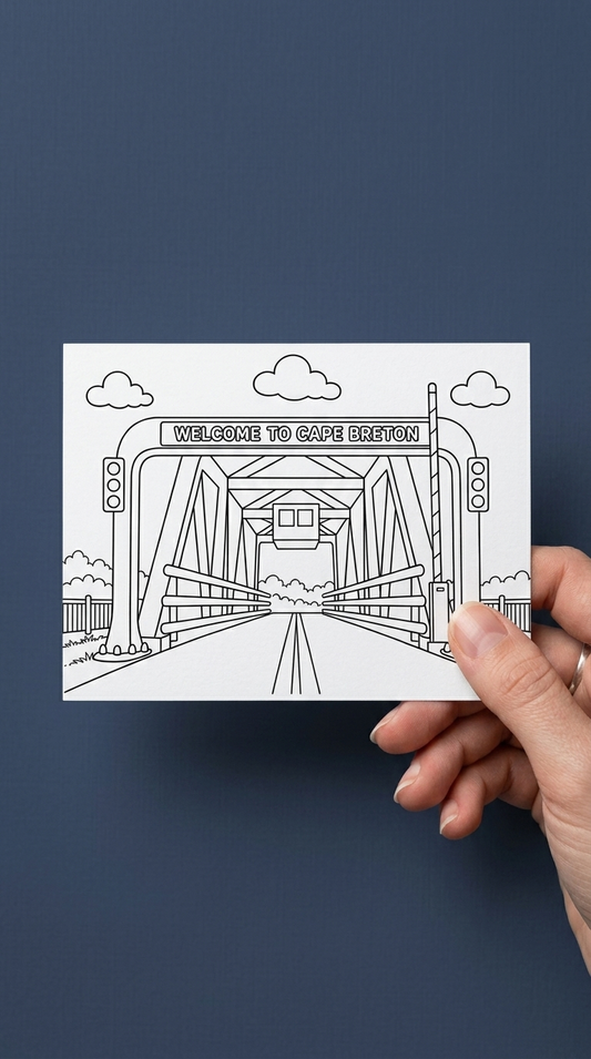Black and white colouring card illustration of the Canso Causeway with a ‘Welcome to Cape Breton’ sign, steel bridge structure, traffic lights, and guardrails