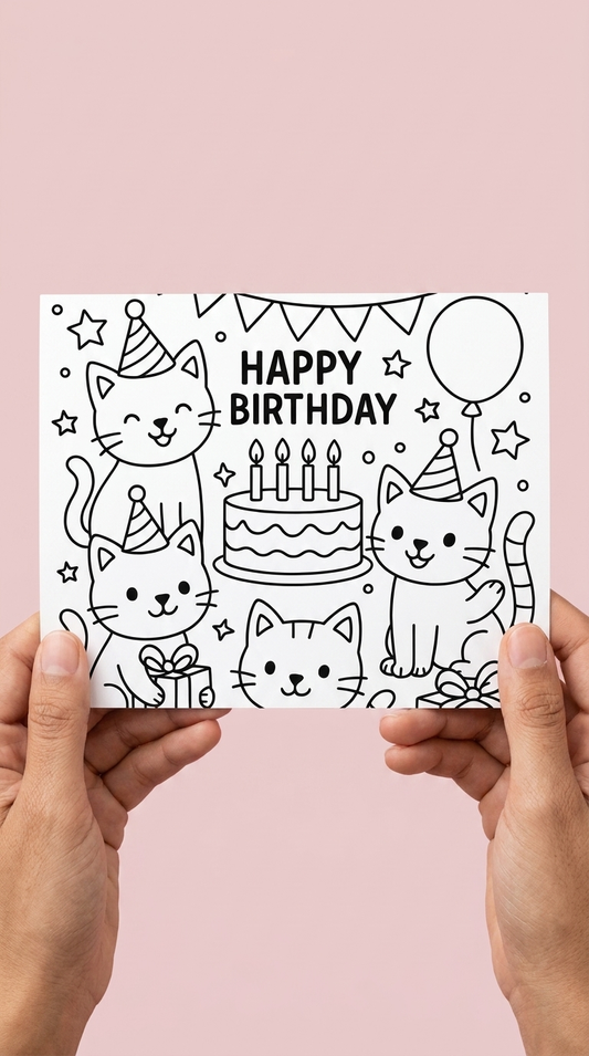 A person holds a white card featuring a black-and-white line drawing of a cats, a cake, balloons against a soft pink background.