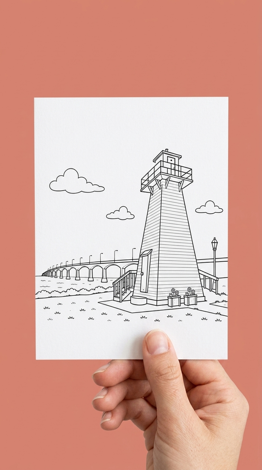 Hand holding a black-and-white colouring greeting card illustrated with a tall wooden lighthouse in the foreground and the Confederation Bridge curving across the water in the background, against a coral pink backdrop.