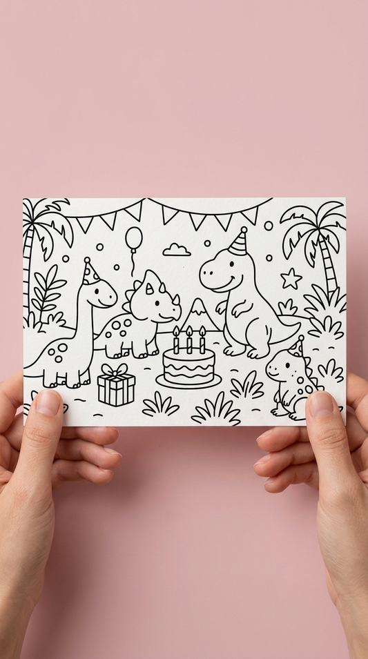 A black and white dinosaur colouring card held up against a pink background