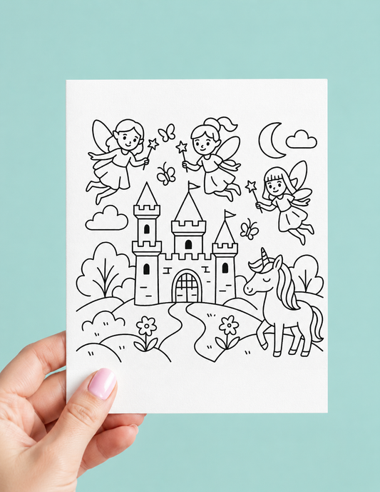 A hand holds a white coloring card featuring black line art illustrations of fairies, a castle, a unicorn, clouds, and a moon against a light blue background.