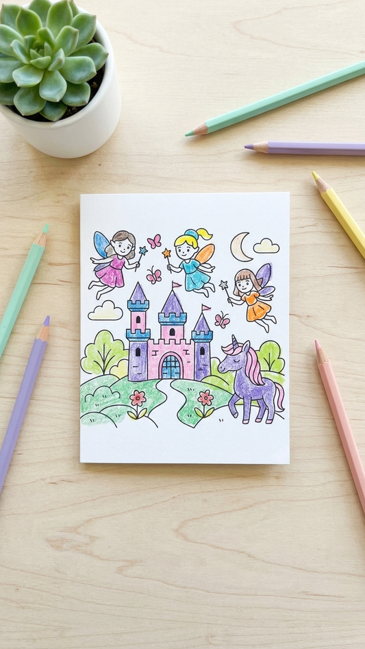 A coloring card featuring a whimsical fairy tale scene with a castle, unicorn, and three fairies, shown on a light wood desk surrounded by colored pencils and a small potted succulent.