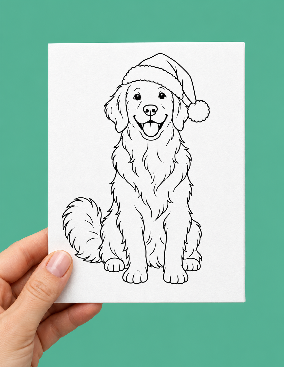 Black-and-white colouring Christmas card of a smiling, fluffy golden retriever sitting upright and wearing a Santa hat.