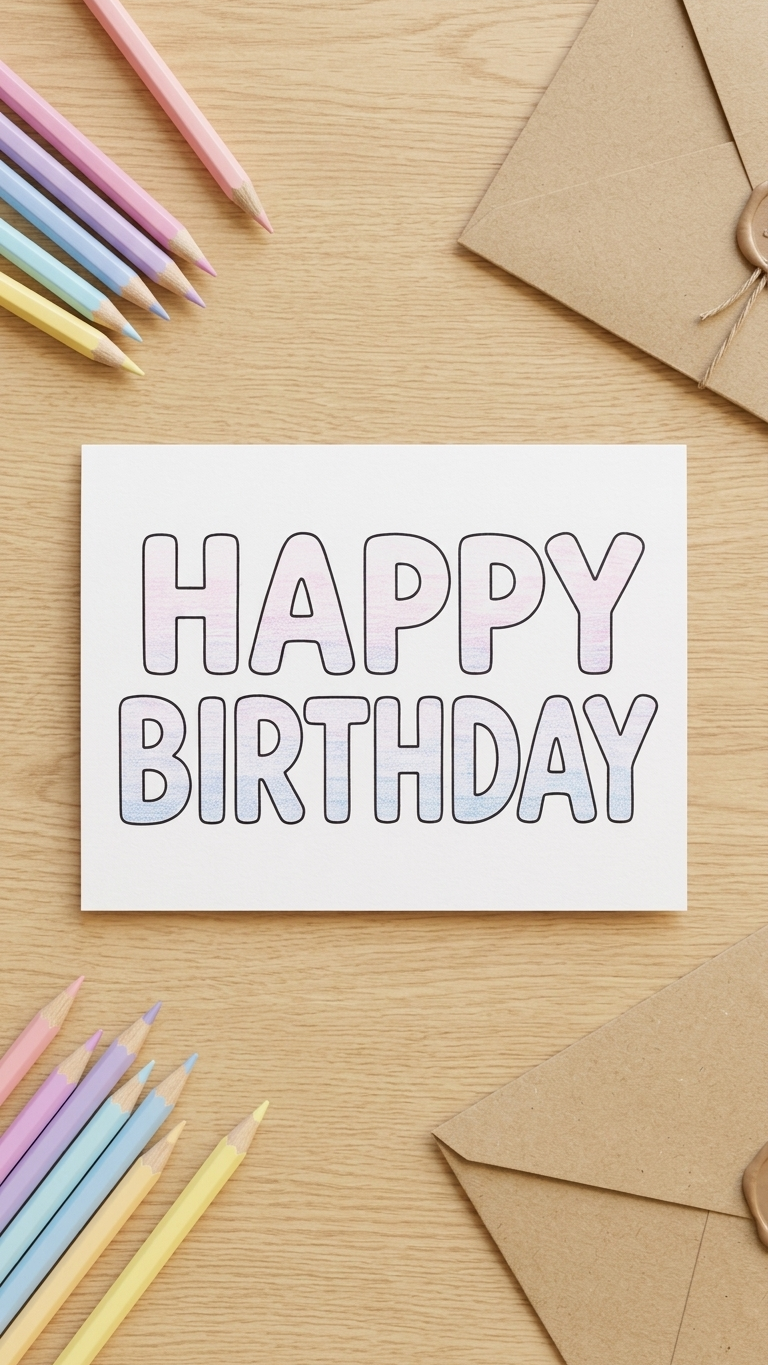 A white square birthday card with the words 'HAPPY BIRTHDAY' outlined in pastel rainbow colors, placed on a light wood tabletop with colored pencils and brown envelopes around it.