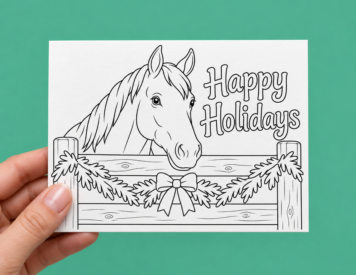 Black-and-white colouring holiday card featuring a horse looking over a wooden fence decorated with evergreen garland and a bow, with "Happy Holidays" in bubble letters.