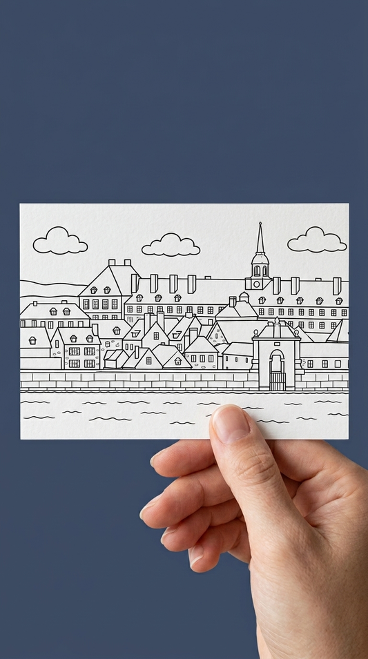 A hand holds a small white card featuring a black-and-white line drawing of the Fortress of Louisbourg against a dark blue background.