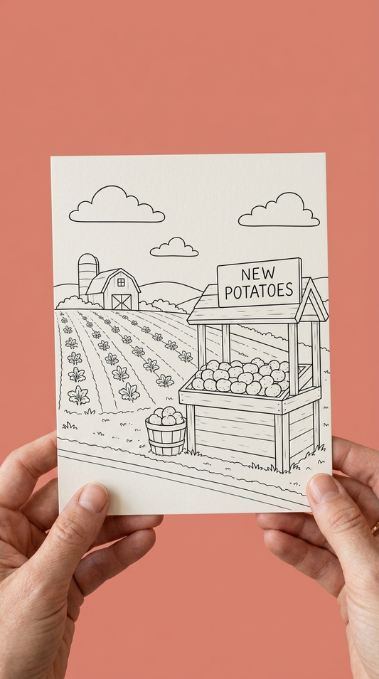 Hands holding a black-and-white colouring greeting card illustrated with rows of potato plants, a red barn, and a roadside stand with a “New Potatoes” sign and baskets of potatoes, against a coral pink backdrop.