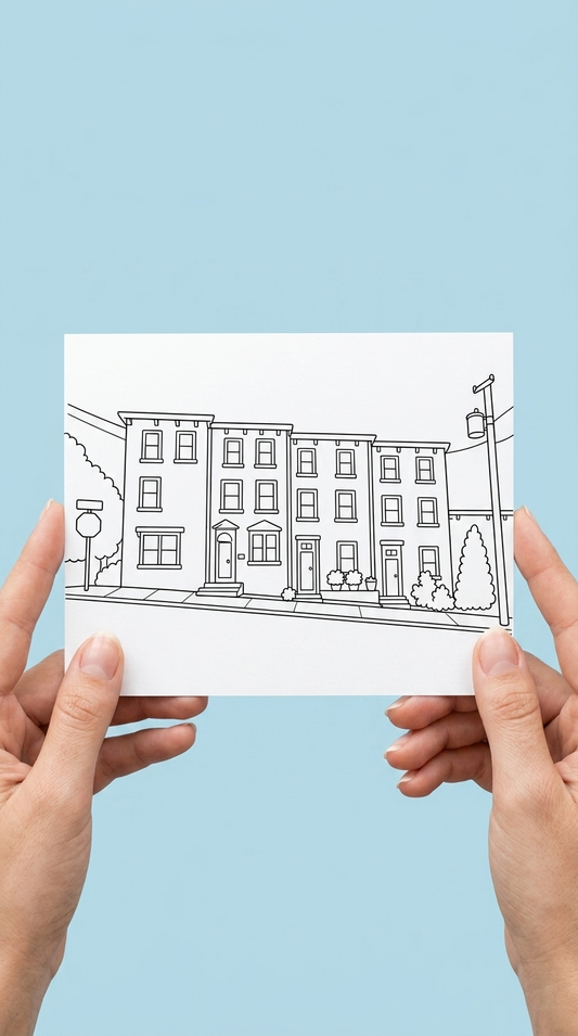 Hands holding a black-and-white colouring greeting card illustrated with a row of narrow multi-storey townhouses on a St. John’s street, with a lamppost and trees, against a light blue background.