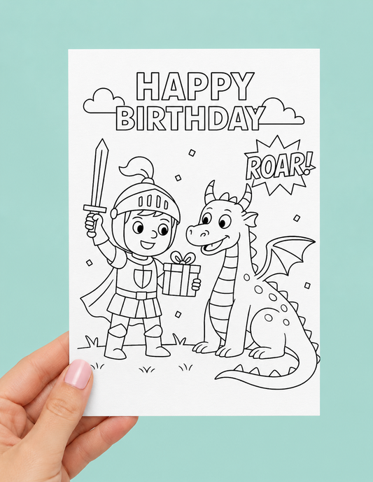 A hand holds a white birthday card featuring a black-and-white line drawing of a knight and a dragon with the words “HAPPY BIRTHDAY” and “ROAR!” on a light aqua background.