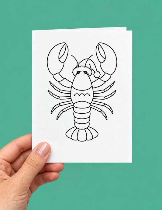 Black-and-white colouring Christmas card featuring a lobster wearing a Santa hat, with large claws, curled antennae, and a fanned tail.