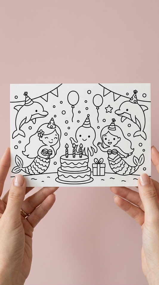 A person holds a white card featuring a black-and-white line drawing of a mermaid birthday party with dolphins, balloons, a cake, stars, and bunting against a soft pink background.