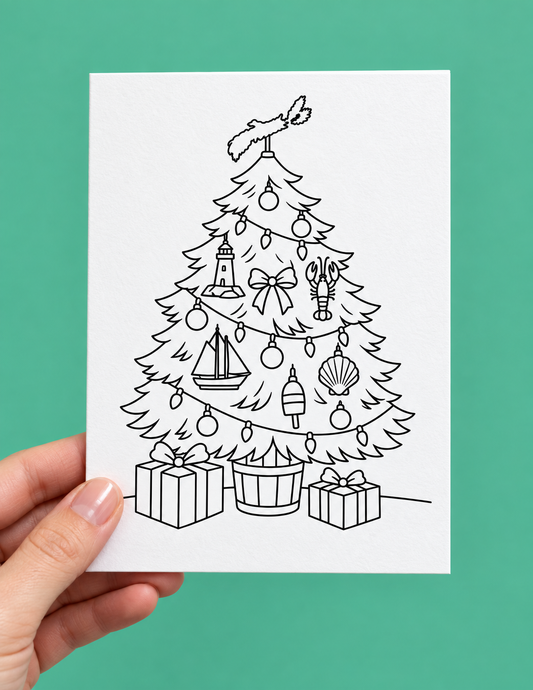 Black-and-white colouring Christmas card of a decorated tree with a lighthouse, lobster, schooner, scallop shell, and buoy ornaments, topped with a Nova Scotia map outline, with gifts and a bushel basket below.