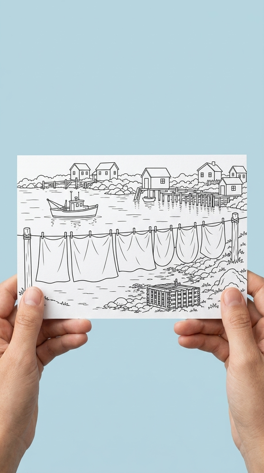 Hands holding a black-and-white colouring greeting card illustrated with a Newfoundland outport scene — small houses on the water, a fishing boat, wharves, and a clothesline hung with laundry, against a light blue background.