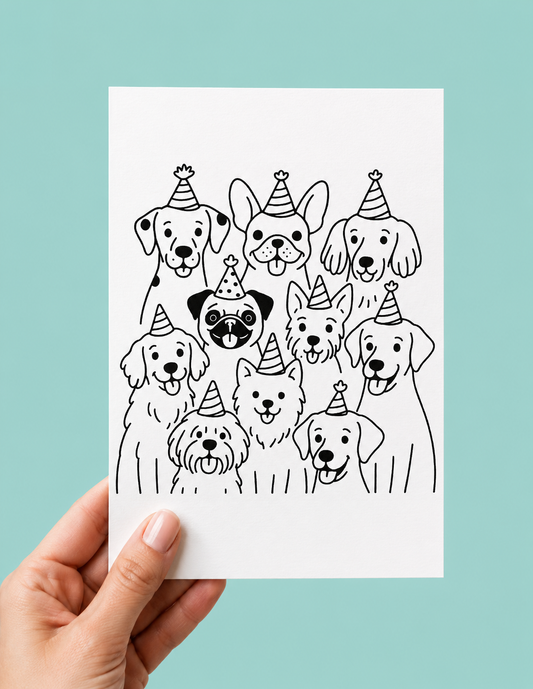 A hand holds a card with black and white dogs on it