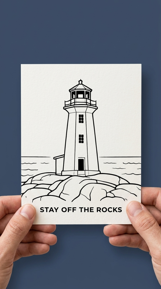 Bold black line art colouring greeting card featuring the Peggy’s Cove lighthouse perched on smooth granite rocks with the Atlantic Ocean in the background. The phrase STAY OFF THE ROCKS appears at the bottom. White card shown at an angle on white background.​​​​​​​​​​​​​​​​