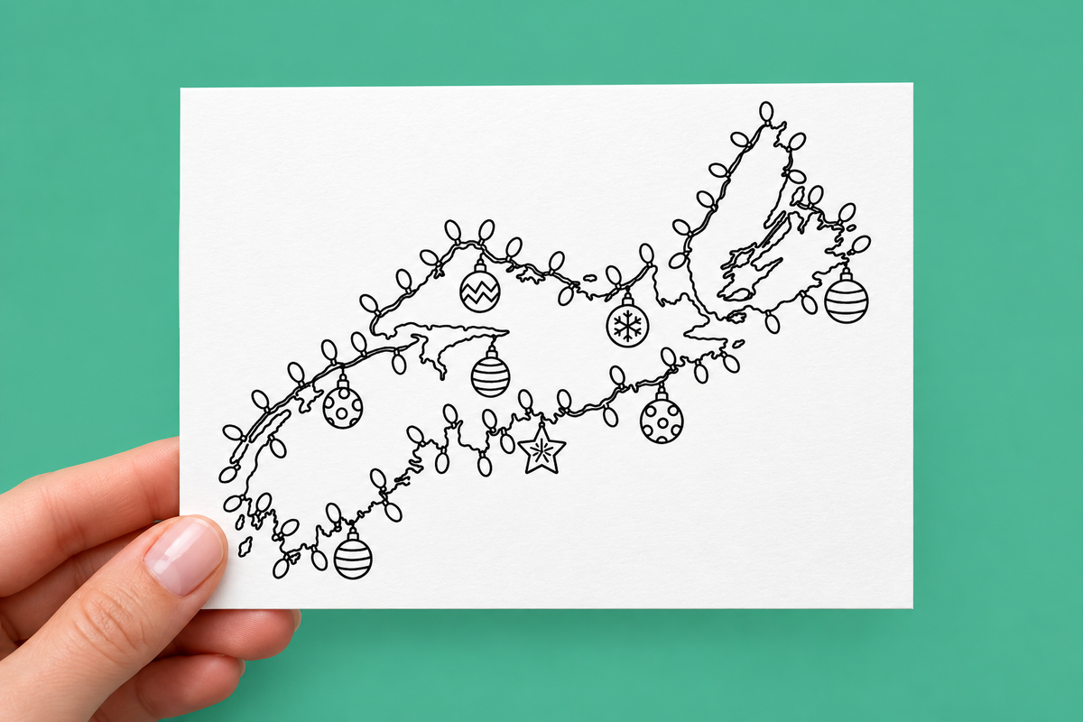 Black-and-white colouring Christmas card showing an outline map of Nova Scotia, including Cape Breton Island, wrapped in a string of Christmas lights with patterned ornaments and a star hanging along the coast.