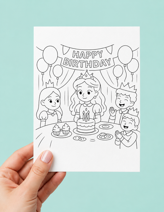 A hand holds a white colouring card featuring a black and white line art illustration of a princess party with a banner that reads 'HAPPY BIRTHDAY'. The background is a solid light mint green.