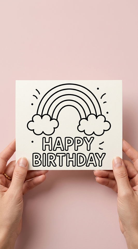 A person holds a white card featuring a black-and-white line drawing of a rainbow with Happy Birthday written below