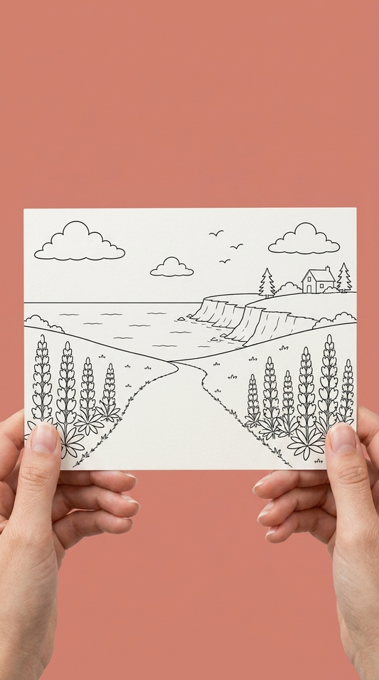 Hands holding a black-and-white colouring greeting card illustrated with red sandstone cliffs, a path lined with lupin flowers leading to the shore, a small house among trees, and birds overhead, against a coral pink backdrop.