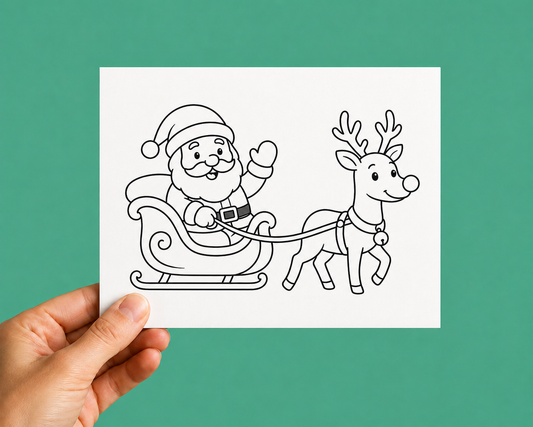 A hand holds a white square card featuring a black line drawing of Santa Claus in a sleigh pulled by a reindeer, against a solid teal-green background.