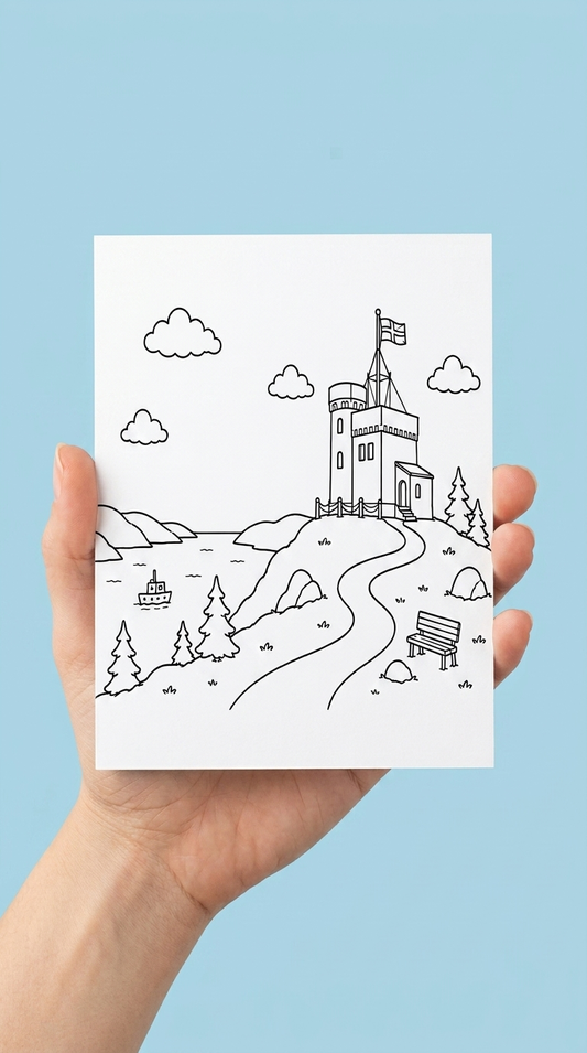 Hands holding a black-and-white colouring greeting card illustrated with Cabot Tower atop Signal Hill, a winding path, a park bench, evergreen trees, and a boat on the water below, against a light blue background.