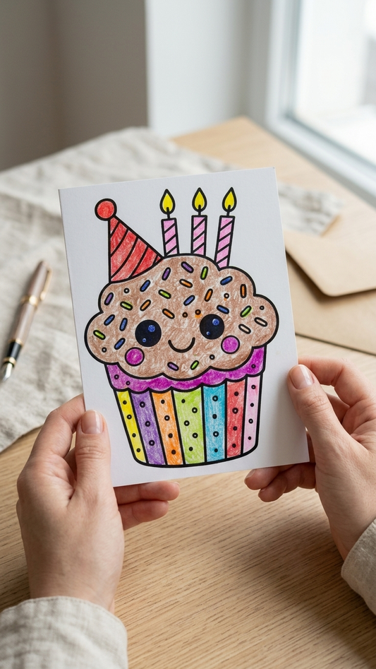 A person holds a white greeting card featuring a cute, colorful cartoon cupcake with a party hat and three candles. The card is shown in a warm, softly lit indoor setting on a wooden table.