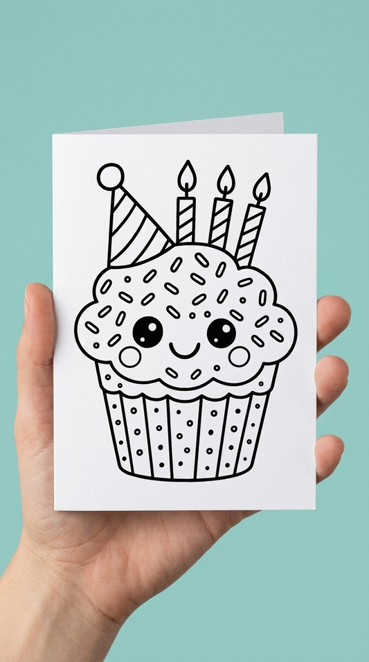 A hand holding a white card featuring a black line art illustration of a cupcake with three lit candles and a happy face, set against a solid light blue background.
