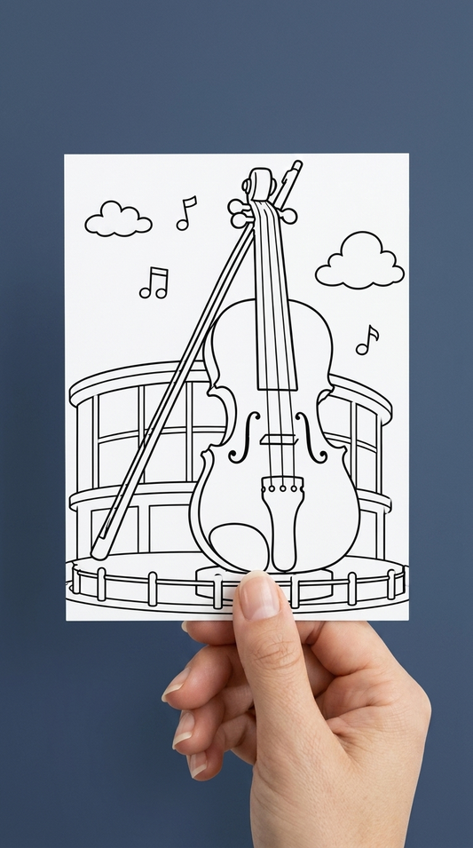 Black and white colouring card illustration of the big fiddle landmark in Sydney, NS, with musical notes floating in the air