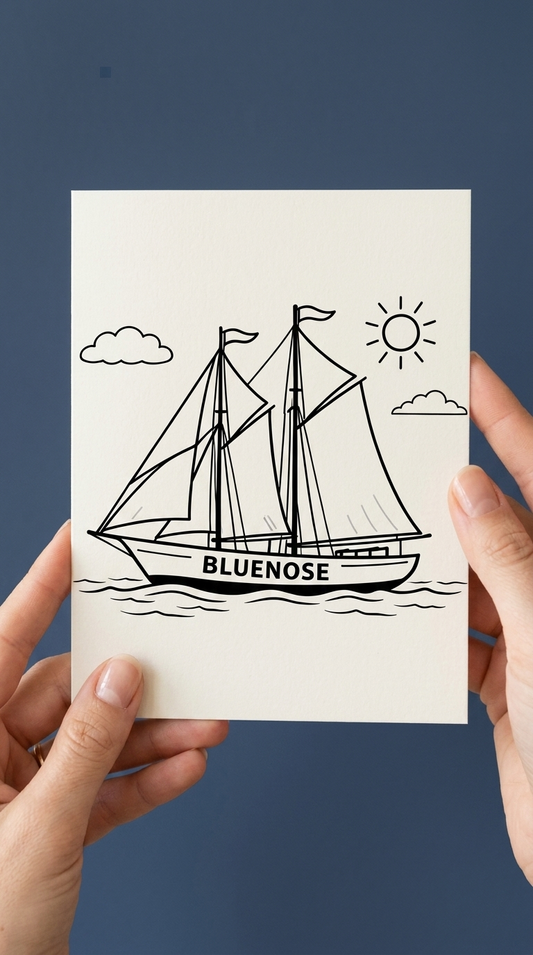 Bold black line art colouring greeting card featuring the Bluenose schooner under full sail with clouds and a sun in the background. The word BLUENOSE appears on the hull. White card shown at an angle on white background.